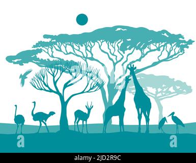 Afrikanische blaue Landschaft mit Tieren. Vektorgrafik Stock Vektor