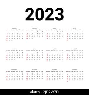 Kalender 2023-Vorlage. Tradizionaler Kalender. Der Kalender beginnt am sonntag. Vektorgrafik. Stock Vektor