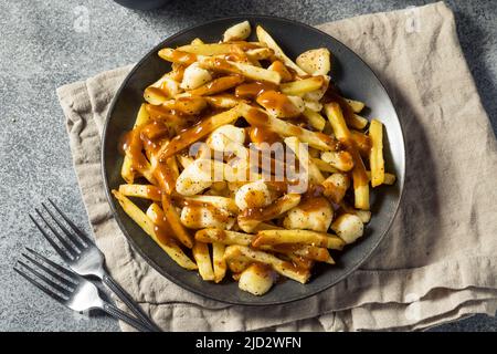 Hausgemachte Käsesorten mit Pommes Frites aus Poutine mit Soße und Käsecurds Stockfoto