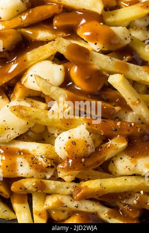 Hausgemachte Käsesorten mit Pommes Frites aus Poutine mit Soße und Käsecurds Stockfoto