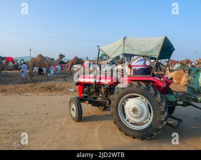 Pushkar, Rajasthan Indien - 04. November 2019 : Traktor läuft auf der Straße in indischen ländlichen Gebieten. Traktor ist Transportmittel in Dörfern Stockfoto