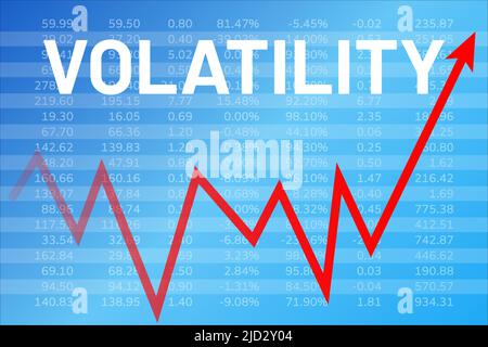 Volatilitätsindex-Diagramm auf blauem Finanzhintergrund mit Zahlen, rotem Pfeil, Text Stock Vektor