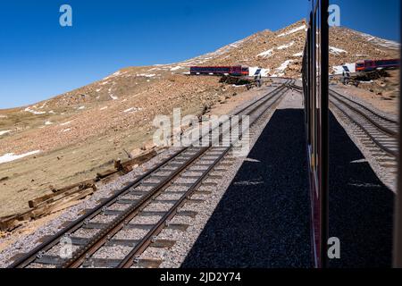 Auf der Cog Railway über der Timberline am Pikes Peak Mountain Stockfoto