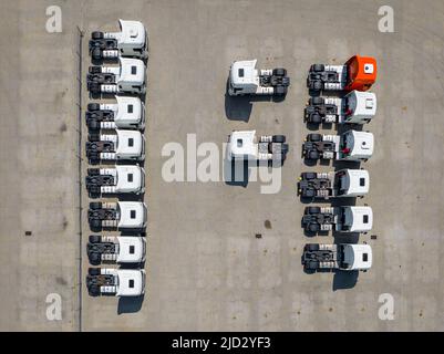 Luftaufnahme neue Lastwagen aufgereiht im Hafen für Import und Export Geschäft Logistik zu Händler zum Verkauf, Automobil-und Automobil-Lkw-Parkplatz. Stockfoto