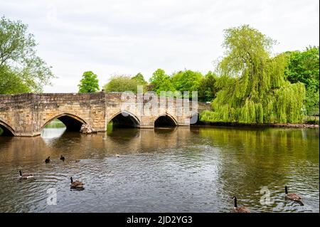 Die alte Steinbrücke in Bakewell über den Fluss Wye Stockfoto