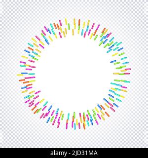 Mit hellen Körnern des Nachtisches bestreuen. Rundes Muster mit realistisch bunten Süßkörnern isoliert auf transparent. Design für Urlaubsdesigns, Party, Stock Vektor