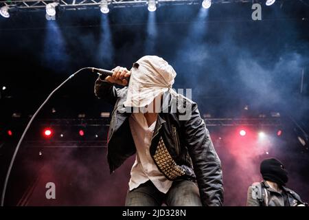 Kopenhagen, Dänemark. 16., Juni 2022. Die dänische Metalband Nyredolk spielt ein Live-Konzert während des dänischen Metalfestivals Copenhell 2022 in Kopenhagen. (Foto: Gonzales Photo - Peter Troest). Stockfoto