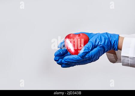 Hand tragen blauen medizinischen Handschuh mit einem roten Herz-Modell für Konzept Ärzte behandeln und pflegen Patienten mit Herz-oder Kardiologie Herzkrankheit. Stockfoto