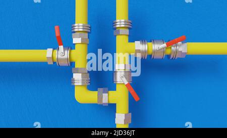 3D Render der Gasleitung mit Ventilen Stockfoto