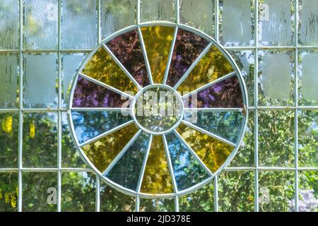 Eine Glaswand eines Gewächshauses mit einem Fenster aus mehrfarbigem Glas Stockfoto