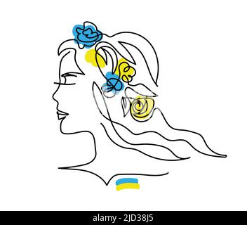 Kopf in Blumen. Ukrainische Flagge. Blaue und gelbe Blüten im Kopfvektor. Frauenprofil. Eine fortlaufende Strichzeichnung Stock Vektor