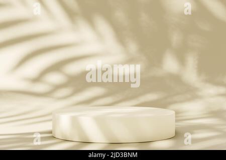 Runder Zylinderständer oder Podium in Pastellfarben und sanften Palmenschatten, 3D Render. Digitale Illustration für Produkt, Kopierraum, Abstract Stockfoto