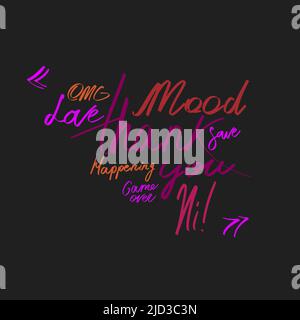 Beliebte Phrasen für die Gestaltung von Banner, Postkarten. Kursiv. Pinselschrift, englische Buchstaben, Stimmung, oh mein gott, Spiel vorbei, Danke, liebe, rette, happine Stock Vektor