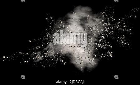 Fliegende Trümmer mit Staub auf schwarzem Hintergrund, 3D Rendering Stockfoto