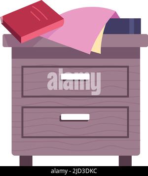 Nachttisch mit Büchern. Beistelltisch aus Holz mit isolierten Schubladen auf weißem Hintergrund Stock Vektor