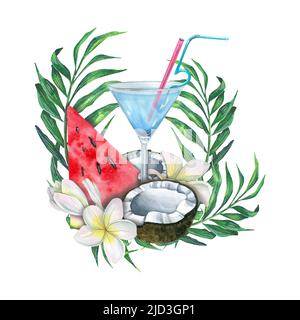 Strandcocktail mit einer Scheibe Wassermelone, Kokosnusshälften, Plumeria-Blumen und Palmblättern. Aquarelldarstellung. Für die Gestaltung und Dekoration von Stockfoto