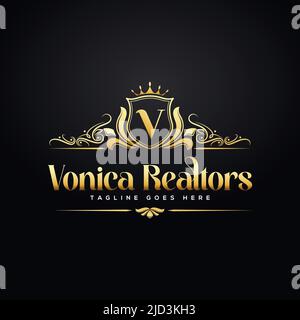 Luxus-Logo-Vorlage in Vektor für Immobilien, elegant mit Krone, Logo-Vektor, V-Logo, Premium elegant heraldischen Logo Stock Vektor