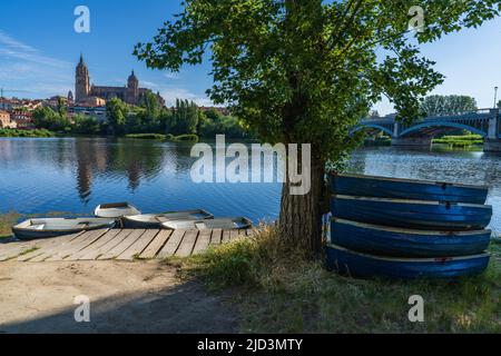 Rio Tormes und Kathedrale der Stadt Salamanca in Spanien. Stockfoto