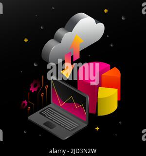 Datenspeicher Für Kryptowährungen. Cloud-Computing mit Laptop und Grafik. Vektorgrafik Stock Vektor