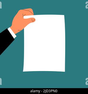 Die Hand hält ein papieres Geschäftsvertragsdokument. Arbeitsvertrag, Erbschaft, Testament. Leeres Papier. Flache, isolierte Vektorgrafik Stock Vektor