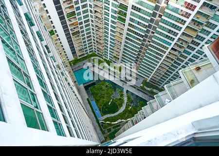 Grüner Garten im Innenhof des Wohngebäudekomplexes. Stockfoto