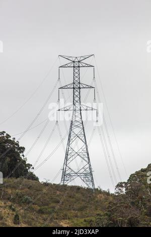 Foto eines großen Stahlübertragungsturms und der zugehörigen Kabel, die durch ein Tal im regionalen New South Wales in Australien verlaufen Stockfoto