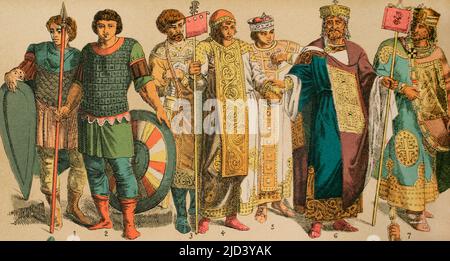 Byzantiner (700-1000). Von links nach rechts: 1 und 2: Byzantinische Soldaten, 3: Königliche Angestellte, 4 und 5: Königliche Kostüme. Dalmatisch. Seidenstoff. Zepter, 6 und 7: Royal Suit. Dalmatisch und zweite Robe. Chromolithographie. 'Historia Universal' (Universal History), von César Cantú. Volumen IV Veröffentlicht in Barcelona, 1881. Stockfoto