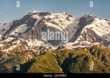 Disenchantment Bay, Alaska, USA - 21. Juli 2011: Grün am unteren Ende, schneebedeckte Gipfel auf dunklen Felswänden unter blauem Himmel. Stockfoto