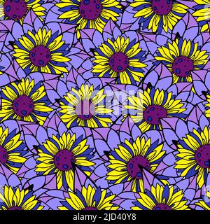 Nahtloses Blumenmuster aus gelb-blauen Sonnenblumen, helles, sich wiederholendes Muster, ukrainisches Thema, Textur Stock Vektor