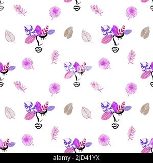 Handgezeichnetes weibliches Gesicht mit rosa floralen Haaren auf weißem Hintergrund, umgeben von Blättern. Nahtloses Muster wiederholen. Tapete, Stoff, Inneneinrichtung. Stockfoto
