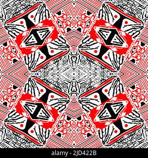 Rot-schwarzes, nahtlos Arabeske Mosaik-Bandana-Muster. Moderner maskuliner Halstuch mit geometrischem Schals-Druck, abstrakter Grafikmode und Tapetenkunst Stockfoto