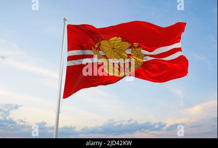 Offizielle Flagge des Infanterie-Bataillons der Bound Self Defense Force, Japan bei bewölktem Himmel Hintergrund bei Sonnenuntergang, Panoramablick. Japanisches Patriot-Konzept. Stockfoto