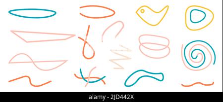 Handgezeichnete Linienkontur Moderne abstrakte Formen, Pflanzen- und runde, Vogel-, Blot-, Spiral- und Wellenobjekte gesetzt. Design für Banner, Broschüren und Covers. Minimalistische geometrische Formen. Vektorgrafik Stock Vektor