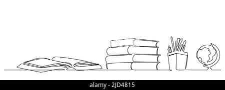 Eine Linie Zeichnung von Schule Schreibwaren Objekte wie Stapel von Buch, Bleistift Fall, globale Standkarte: Zurück zur Schule Konzept Vektor Illustration Stock Vektor