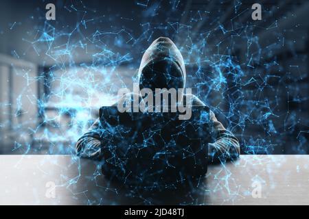 Diebstahl persönlicher Daten und Hacking-Konzept mit abstrakten digitalen Metaverse Wallpaper und dunklen Hacker in hoody Silhouette mit Laptop auf abstrakt dunkel von Stockfoto