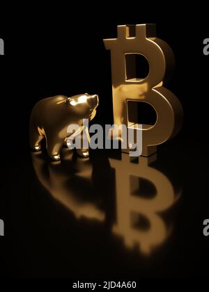 3D Rendern von Bitcoin-Symbol und tragen über dunkel. Bitcoin Kryptowährung verringern Konzept. Stockfoto