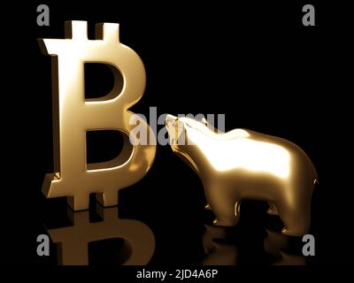 3D Rendern von Bitcoin-Symbol und tragen über dunkel. Bitcoin Kryptowährung verringern Konzept. Stockfoto