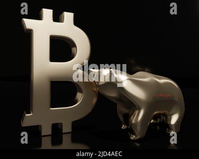 3D Rendern von Bitcoin-Symbol und tragen über dunkel. Bärisches Marktkonzept für Bitcoin. Stockfoto