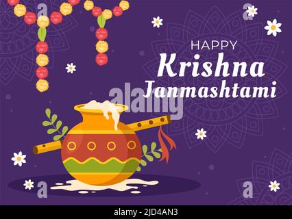 Happy Krishna Janmashtami Festival von Indien mit Bansuri und Flöte, Dahi Handi und Pfauenfeder in flachen niedlichen Cartoon Hintergrund Illustration Stock Vektor