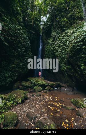 Junge Indonesierin, die auf Felsen am Leke Leke Wasserfall im Dschungel von Ubud Bali Indonesia steht Stockfoto