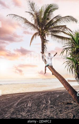 Aufgeregter junger Mann, der während des Sonnenuntergangs auf einem geschwungenen Kokosnussbaum an einem schwarzen Sandstrand in Bali sitzt Stockfoto