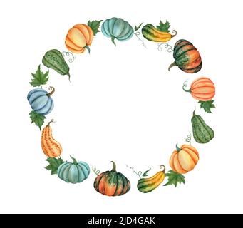Aquarell Kürbisse Kranz. Gemüsegerahmen. Handgezeichnete Aquarell-Herbstillustration. Dekorative Designelemente. Stockfoto