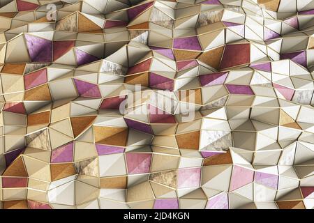 Modernes Kunstkonzept mit 3D Mosaiken, bestehend aus braunen, rosa und goldenen Metalldreiecken als abstrakter Kulisse. 3D Rendern Stockfoto