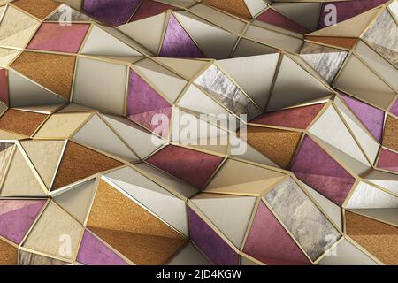 Moderne Kunst mit abstrakter Tapete: Winkende braune, rosa und goldene Metalldreiecke. 3D Rendern Stockfoto