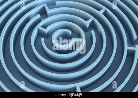 Finden Sie ein Lösungskonzept mit Draufsicht auf blauem runden Labyrinth. 3D Rendern Stockfoto