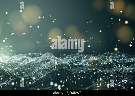 Abstrakter Technologiehintergrund mit Datenvisualisierung, bestehend aus metallisch winkenden Linien und Tropfen. 3D Rendern Stockfoto