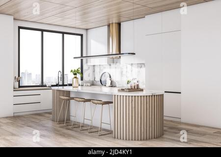 Sonniger, moderner Essbereich mit weißer Küche, dekoriert mit Holzlatten, goldener Küchenhaube und Blick auf die Stadt vom Fenster. 3D Rendern Stockfoto