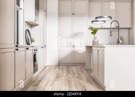 Seitenansicht auf sonnigen, stilvollen hellen Farben Küche Set mit moderner Dekoration und Holzboden. 3D Rendern Stockfoto