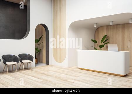 Blick von der Seite auf den weißen Rezeptionstisch und die schwarzen Stühle im geräumigen, hellen Wartebereich mit Holzfußboden und holzverzierten Wänden. 3D Rendering, Mockup Stockfoto