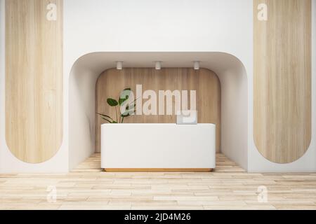 Blick von vorne auf den weißen Rezeptionstisch im Wartebereich im Eco-Interior-Design im modernen Büro mit Holzwänden und Holzboden. 3D Rendering, Vorderansicht, Mockup Stockfoto